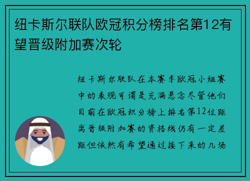 纽卡斯尔联队欧冠积分榜排名第12有望晋级附加赛次轮 纽卡斯尔联队欧冠积分榜排名第12有望晋级附加赛次轮
